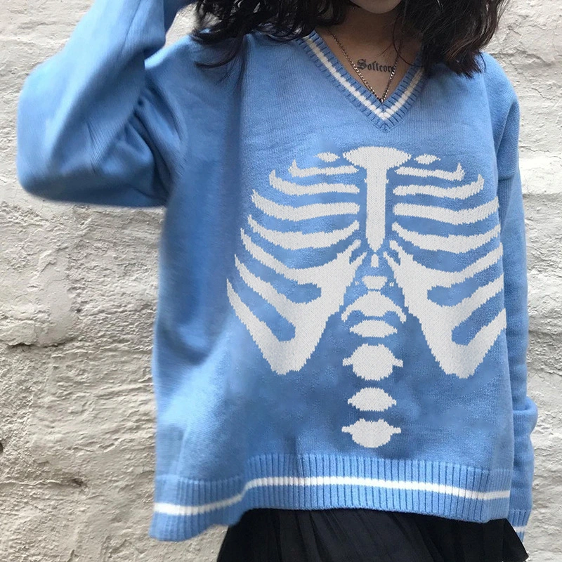 Preppy V-neck Pullover With Skull Pattern