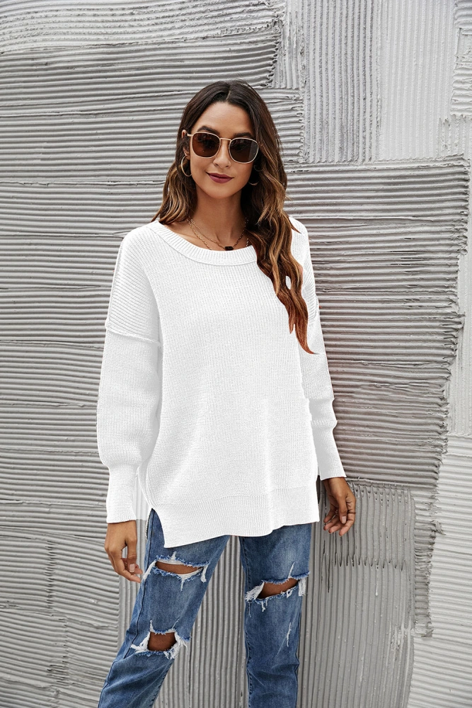 Round Neck Loose Off-shoulder Large Size Solid Color Sweater