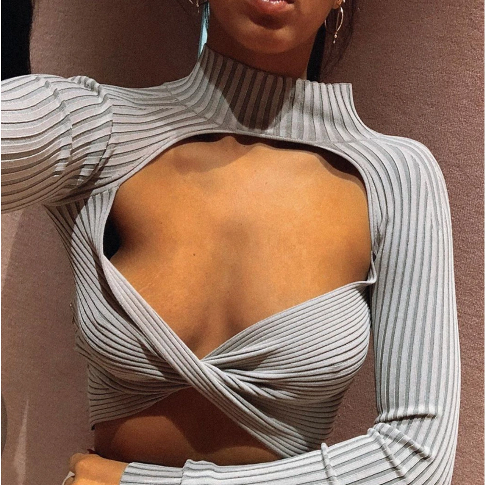 Bare Navel Hot Girl Slim Blouse Skinny Ultra Short Half High Neck Long Sleeve