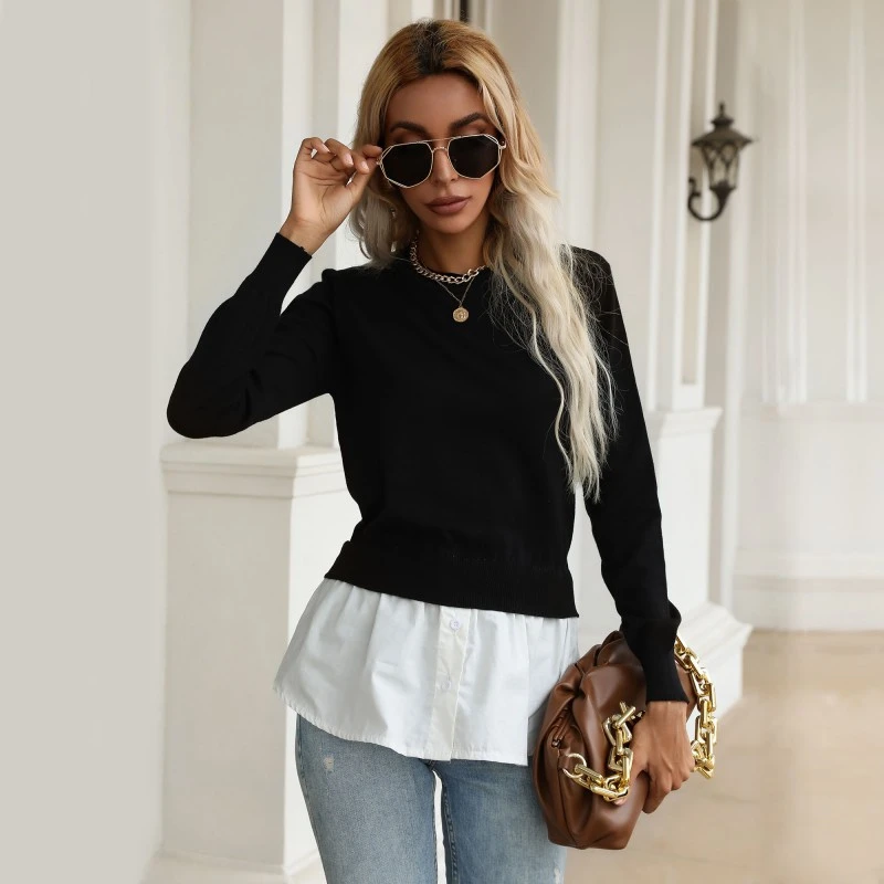 Stitching Slim Slimming Knitted Fake Two-Piece Sweater