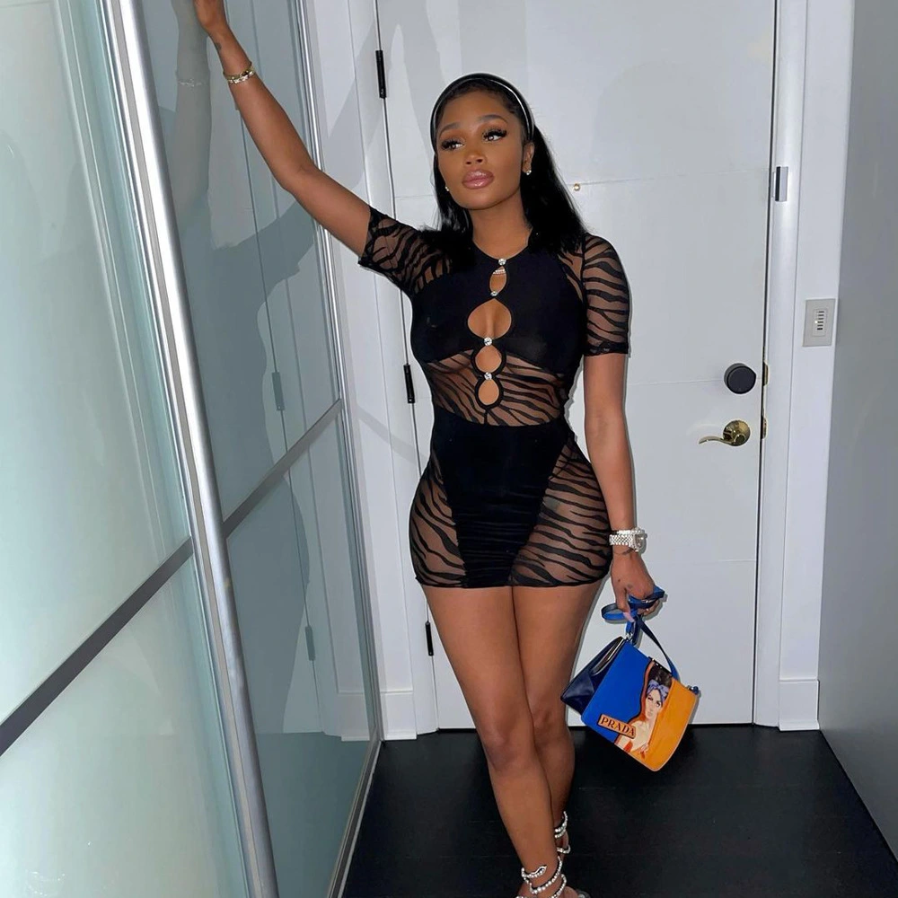 Women's New Sexy Stitching Hollow See-through Dress