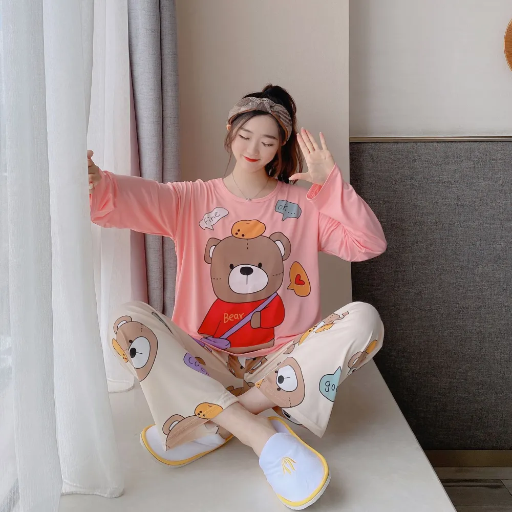 Outer Cartoon Pajamas Women's Short-sleeved Trousers  Polyester Fiber Home Service Two-piece Suit
