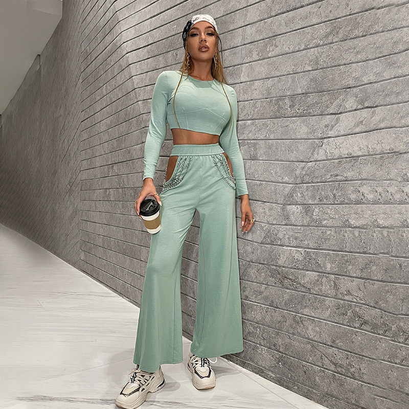Autumn Solid Color Chain Sexy Hollow Suit