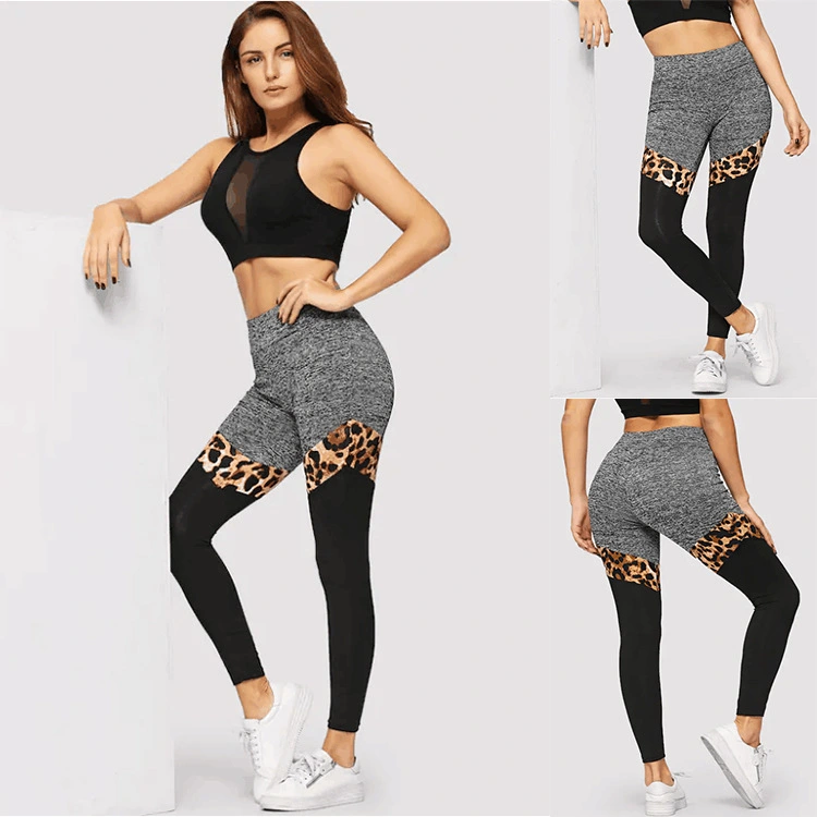 Grey And Black Plus Leopard Print Stitching Polyester Fiber Leggings