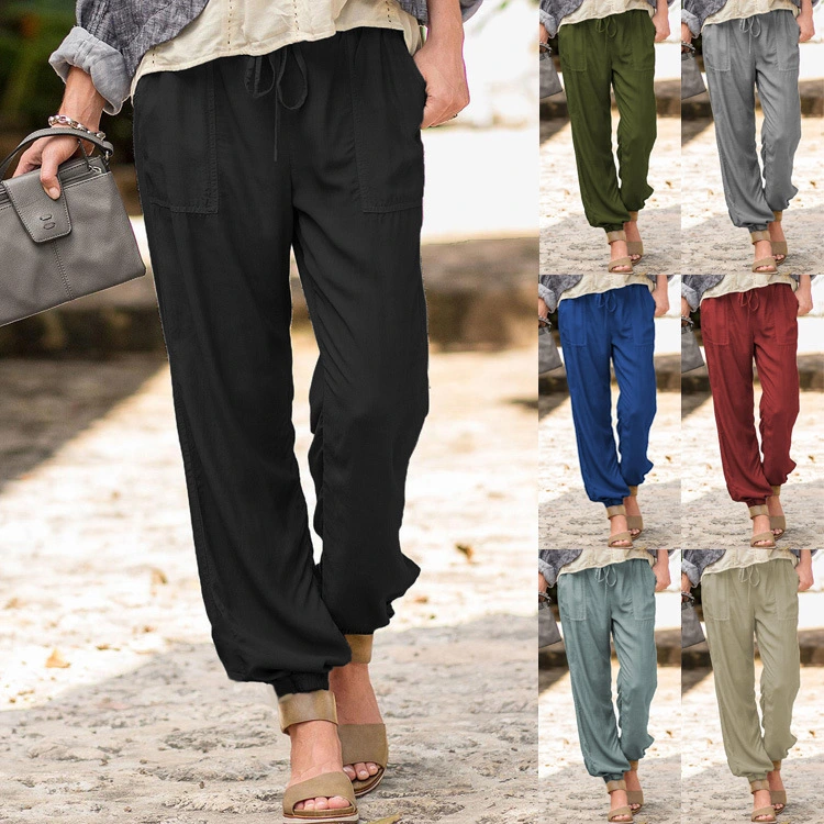 Lace-up Trousers Cross-border Solid Color Stretch Waist Pocket Slacks