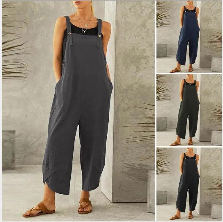 Women's Jumpsuits With Pockets Solid Color Casual Cropped Overalls Long Pant Romper