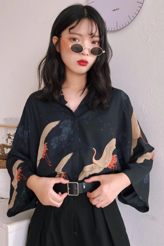 Crane Print V-neck Shirt Female Students All-match Thin Top Shirt