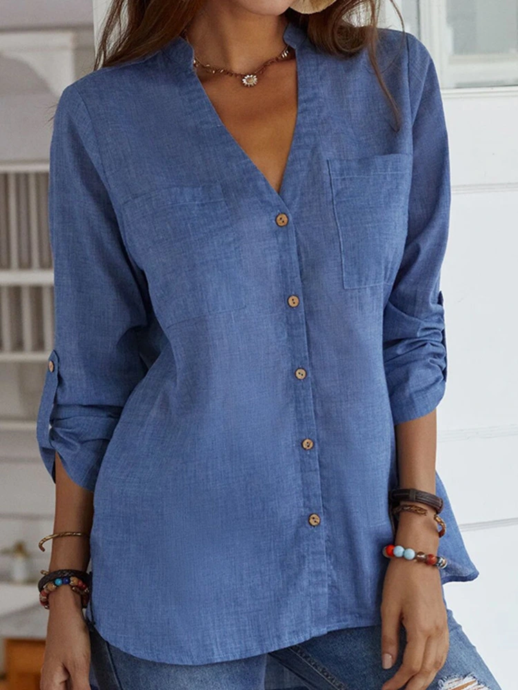V-neck Solid Color Casual Loose Long-sleeved Top