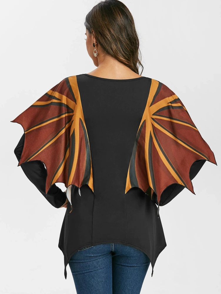 Halloween Print Bat Wings Long Sleeve T-shirt European And American Women's Tops