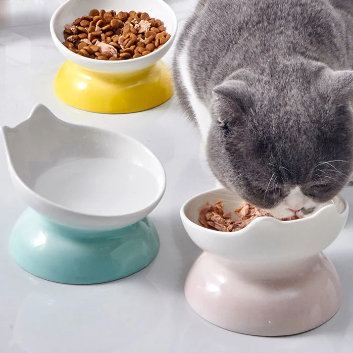 Ceramic Oblique Mouth High-foot Cat Pet Bowl