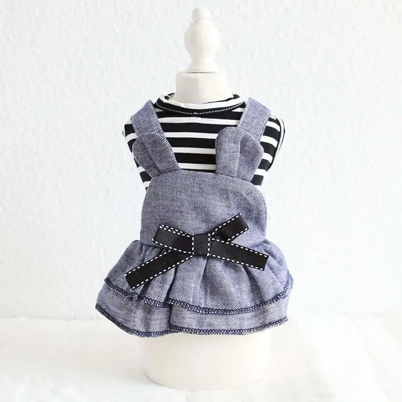 Bear Striped Denim Harness Dog Spring Clothes