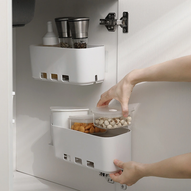Kitchen Cabinet Retractable Storage Rack Drawer Type Multi-function Hole Free Refrigerator Bath Organizer Food Preservation Box