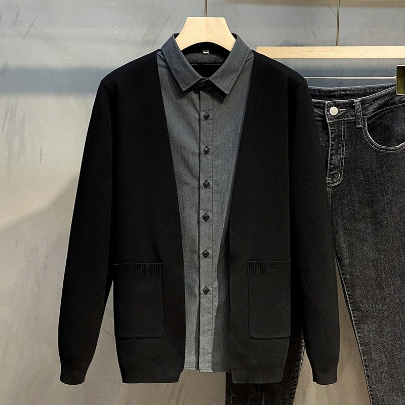Autumn And Winter Men's Fake Two Pieces Of Knitted Cardigan Fashion