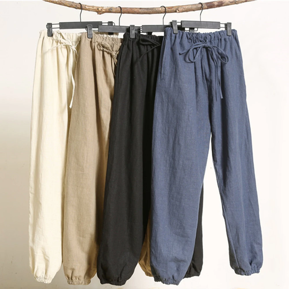 Solid Color Drawstring Trousers Ramie Skinny Straight Wide-leg Pants