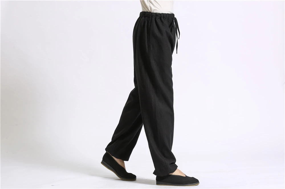 Solid Color Drawstring Trousers Ramie Skinny Straight Wide-leg Pants