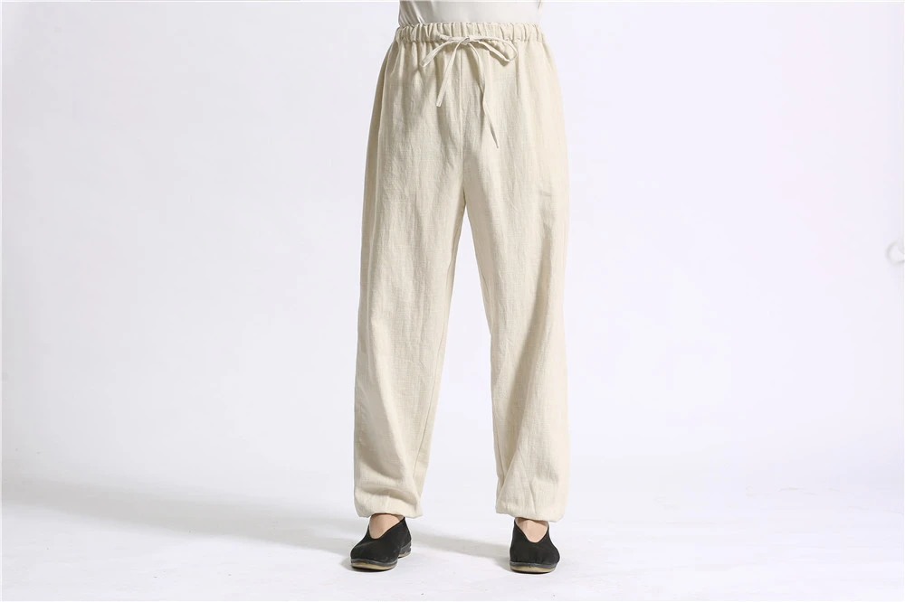 Solid Color Drawstring Trousers Ramie Skinny Straight Wide-leg Pants