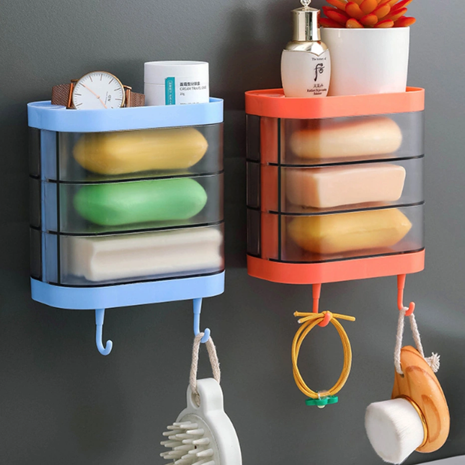 Bathroom Soap Box Wall-mounted Multi-layer Soap Box Toilet Rotatable Drain Soap Box Multifunctional Toiletry Rack Wall Shelf