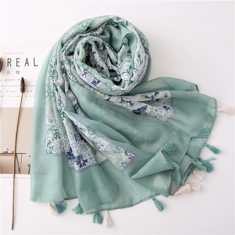 Cotton And Linen Scarf Small Flower Border Pattern Printed Tassel