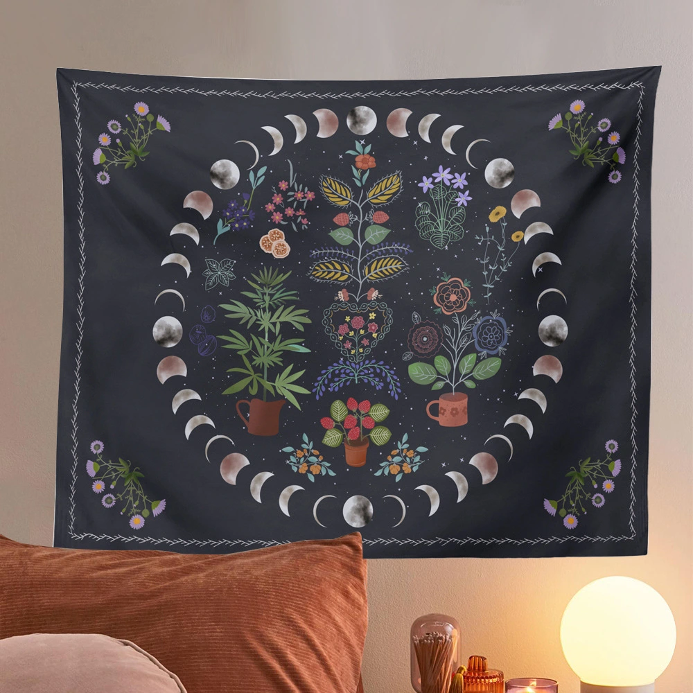 Flower Plant Potted Moon Phase Black Tapestry