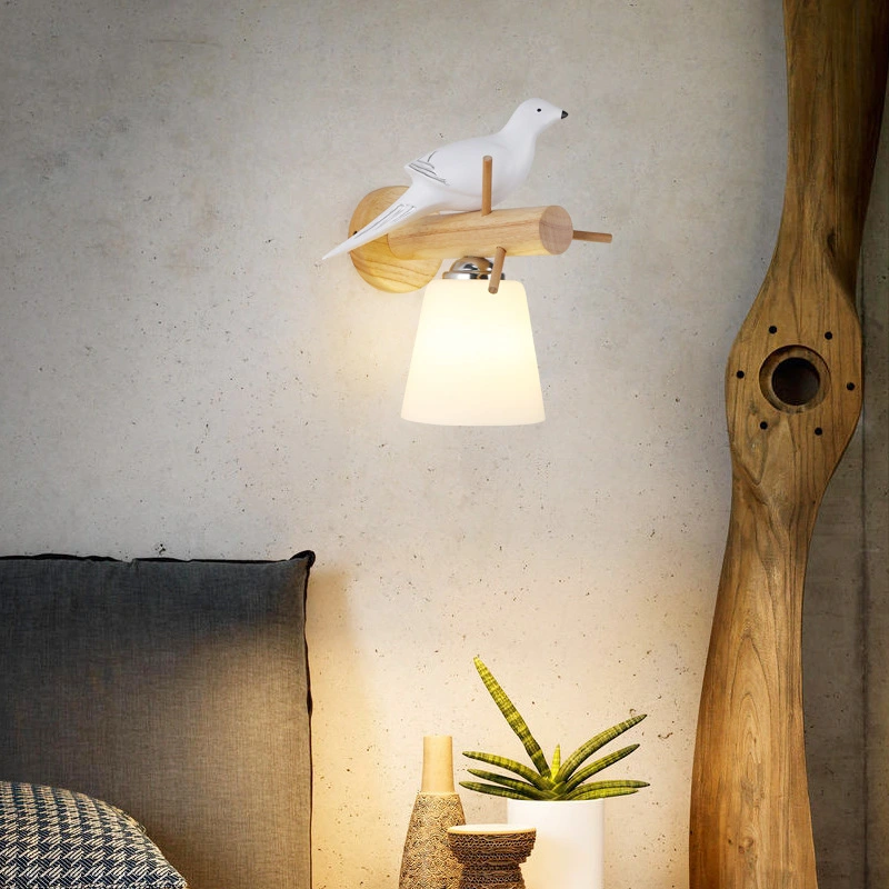 Bedroom Bedside Animal Bird Resin Wall Wood Art Decorative Lamp