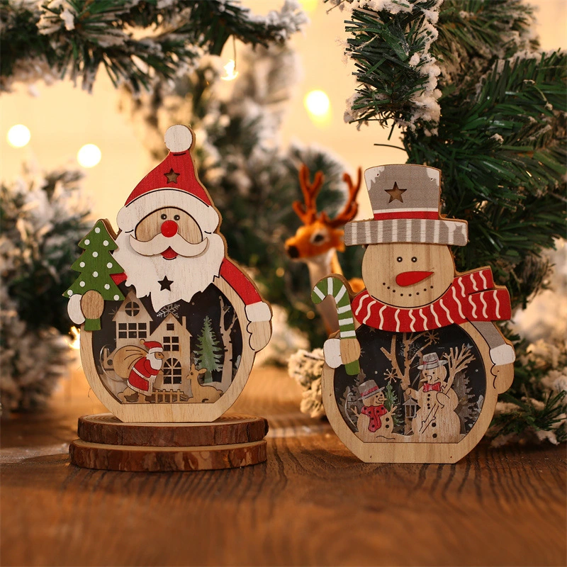 Merry Christmas Gift LED Luminous Santa Claus Snowman Shape Wooden Ornaments