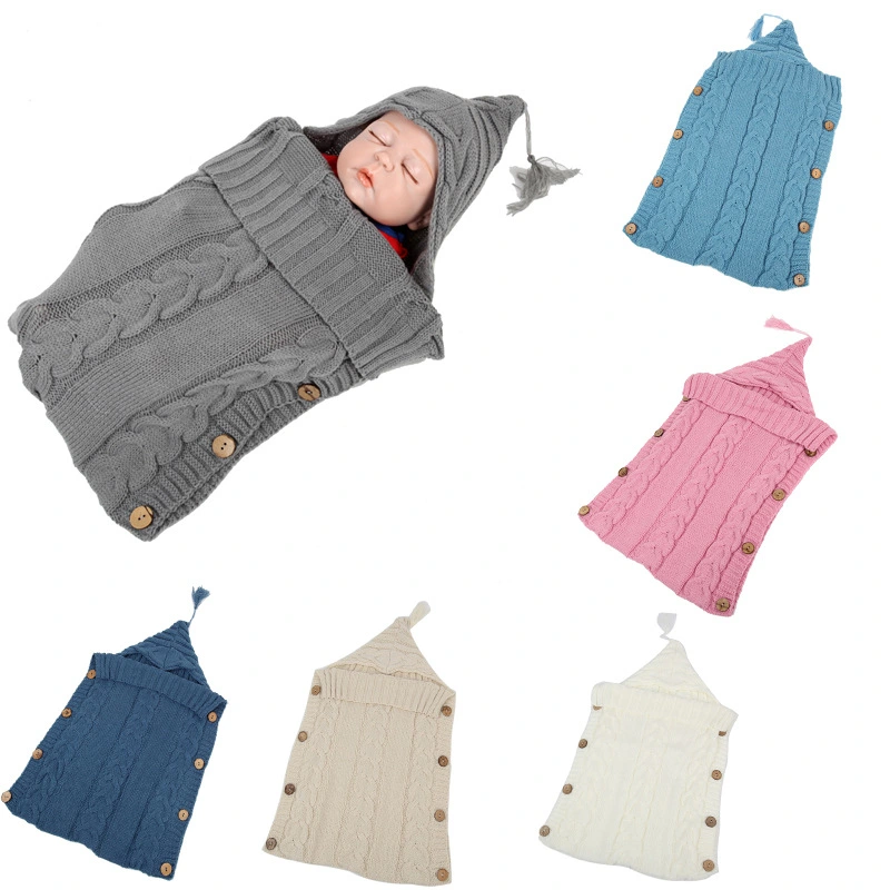 Warm Hooded Baby Wool Knitted Button Sleeping Blanket