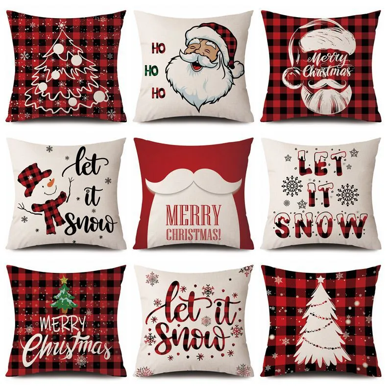 Christmas Deer Tree Black Red Plaid Pattern Cotton Linen Throw Cushion Cover Car Home Sofa Bed Decorative Pillowcase