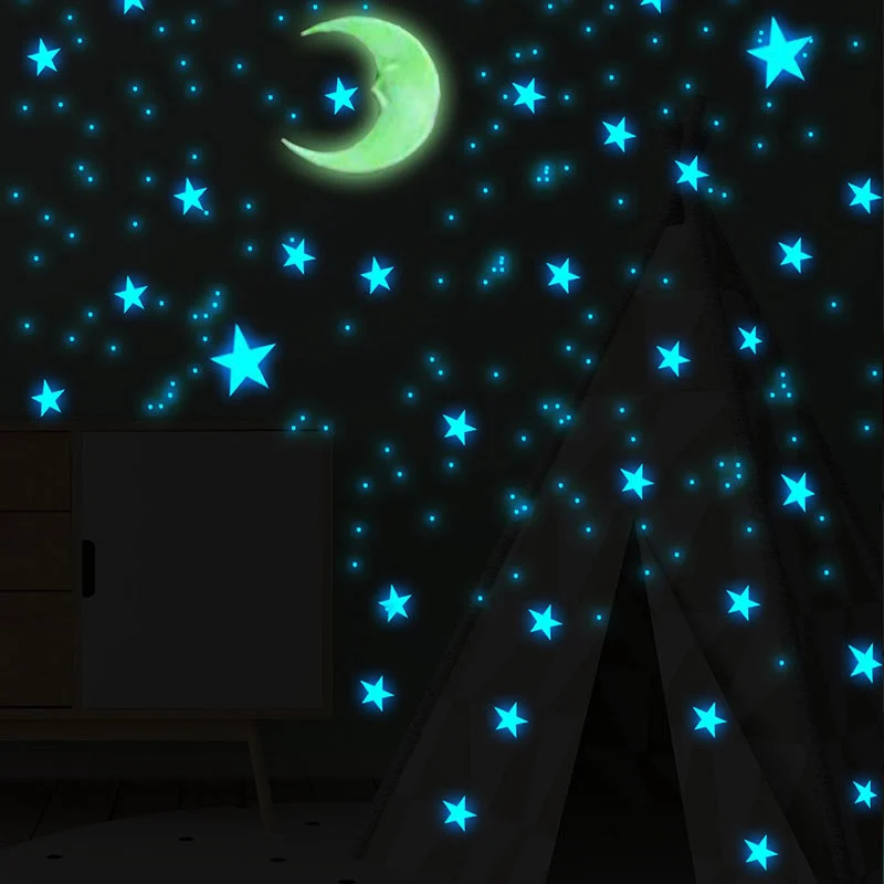 Luminous Dark Blue Star Yellow Moon Set Wall Sticker Plastic