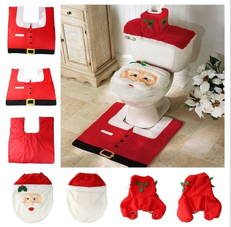 Foot Pad And Water Tank Cover Santa Claus Toilet Cover Three-piece Set