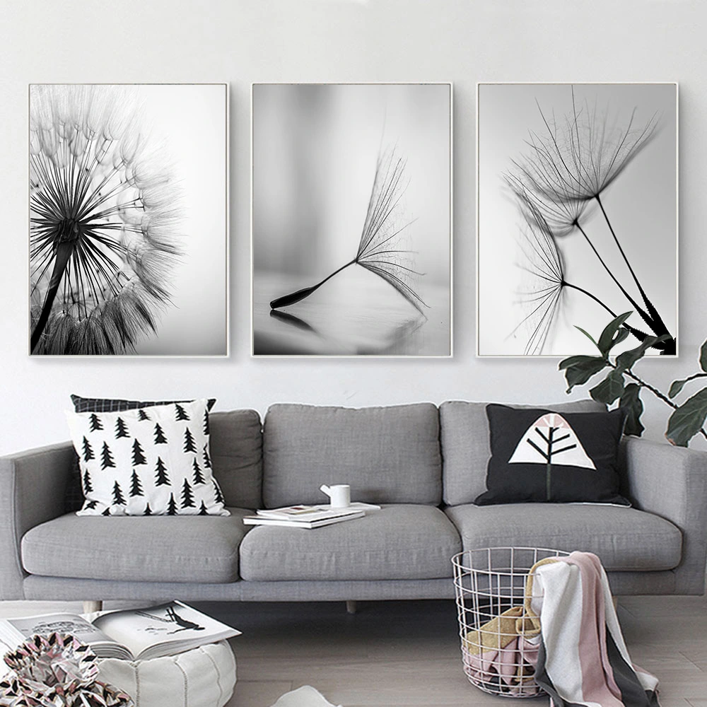 Modern Black And White Art Dandelion Painting Core Canvas Painting