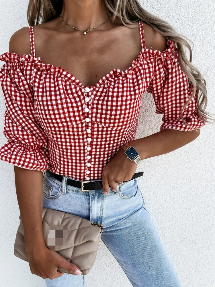 Single-breasted Retro Plaid Shirt With Pullover One-shoulder