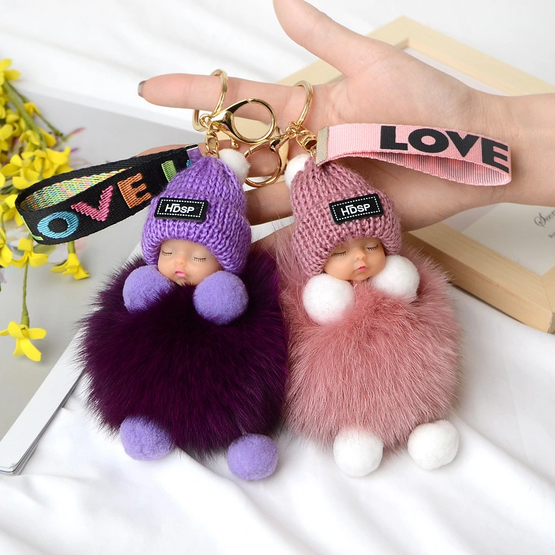 Real Fox Fur Ball Pendant Sleeping Doll