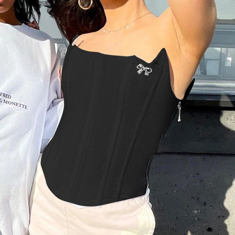 Pure Color Slim One-line Neck Wrapped Top  Strapless Black Ladies Vest Casual