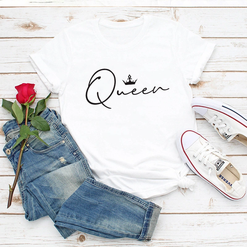 Crown Queen Letter Print O-Neck Loose T-shirt