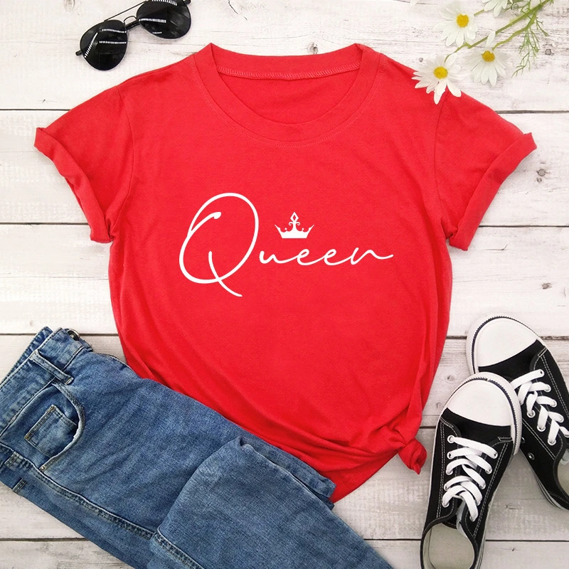 Crown Queen Letter Print O-Neck Loose T-shirt