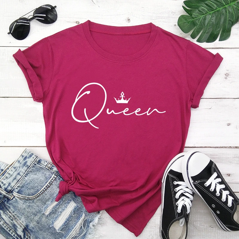 Crown Queen Letter Print O-Neck Loose T-shirt