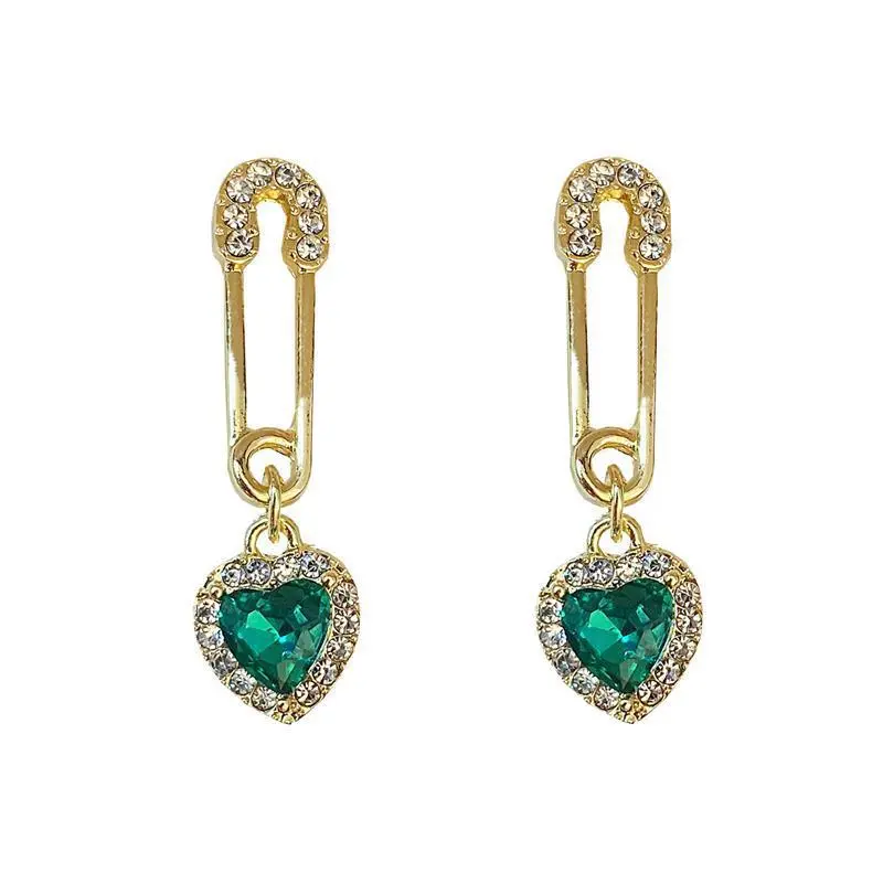 Korean Vintage Heart Emerald Diamond Earrings
