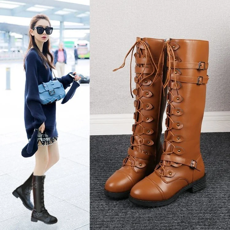 Round Toe Mid-heel Lace-up Over-the-knee Boots