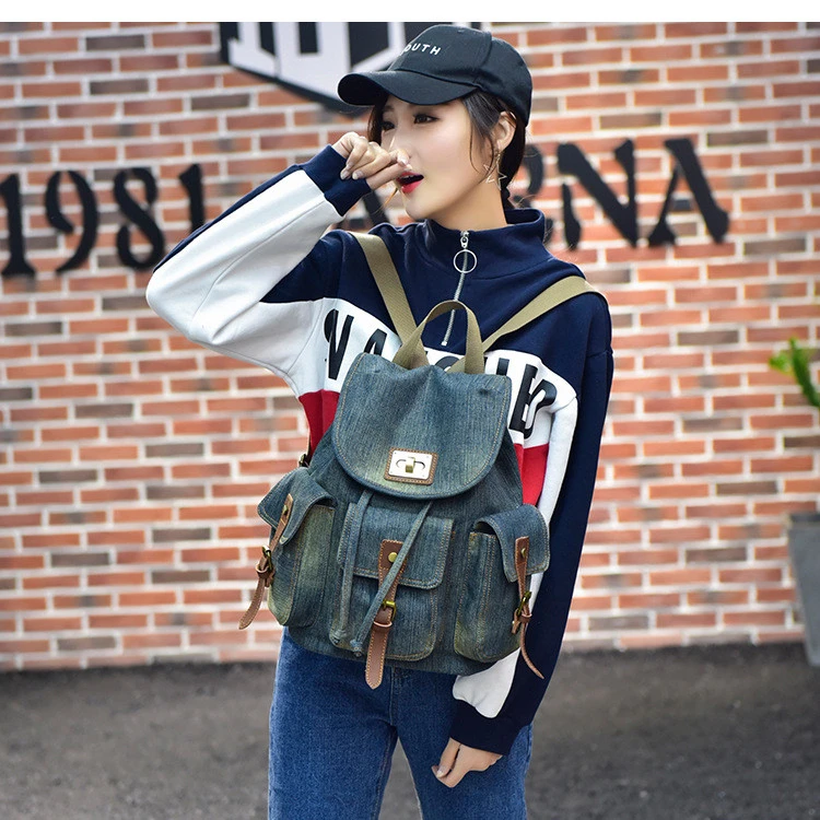 Backpack Retro Denim Backpack Female Drawstring Drawstring Pocket