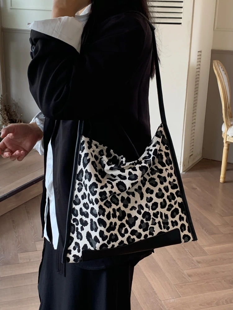 Fashion Leopard Print Canvas Single Shoulder Bag Net