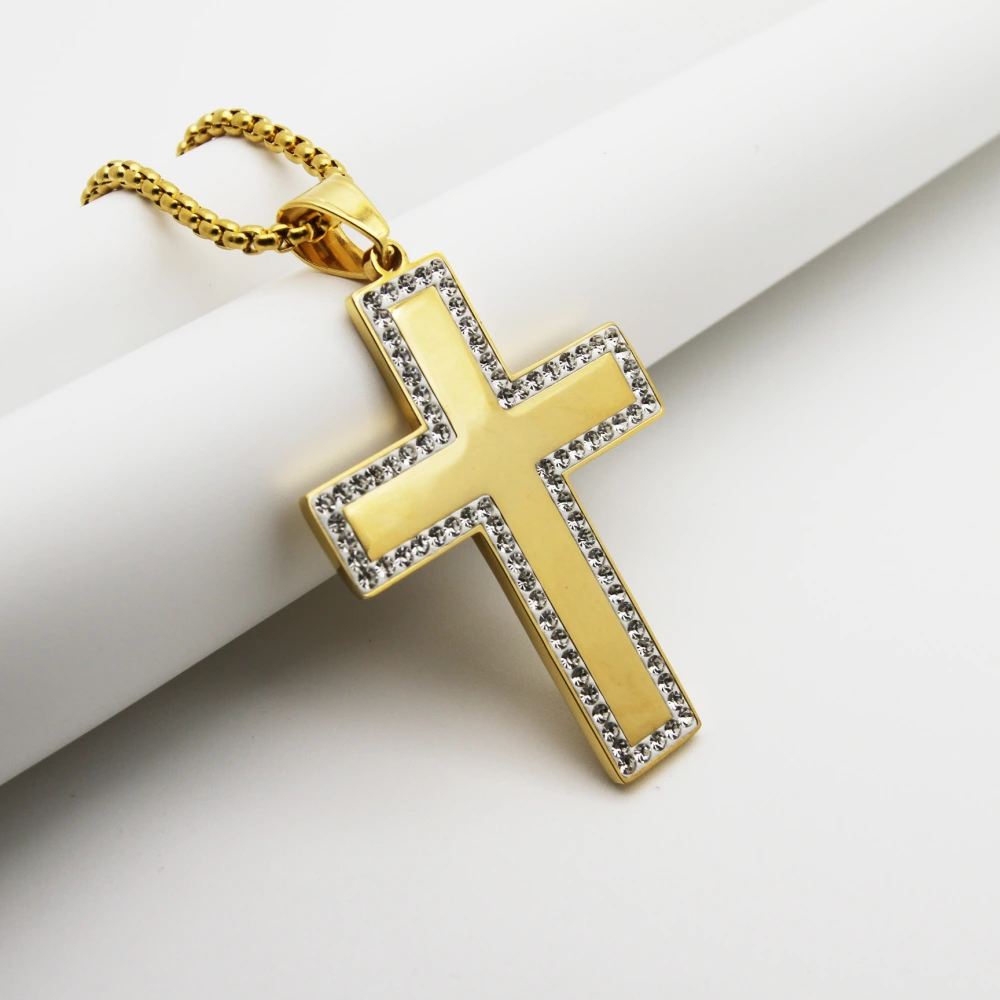 Stainless Steel Gold-plated Diamond Cross