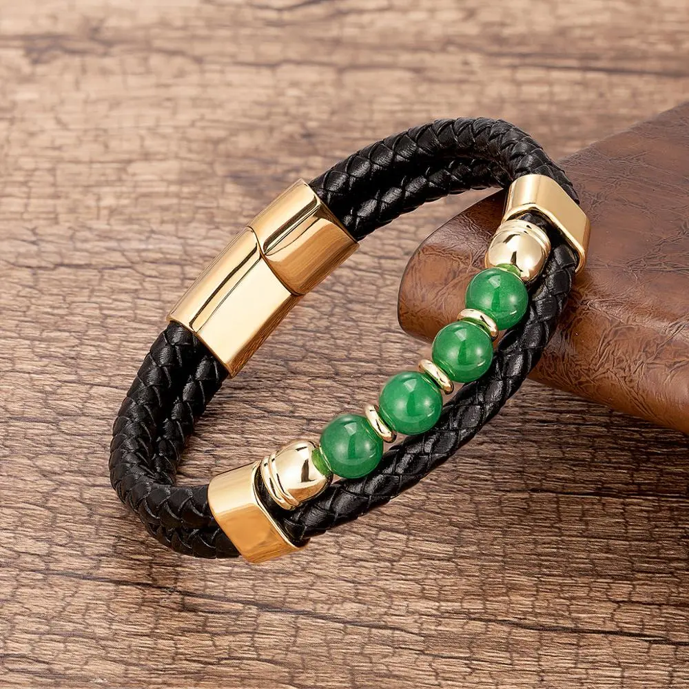 Stone Leather Bracelet Stainless Steel Magnet Buckle