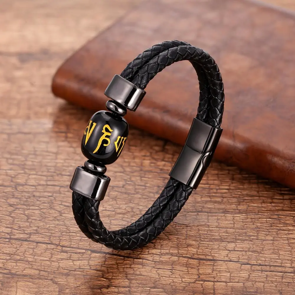 Woven Single Layer Beads Stone Leather Rope Bracelet Metal Buckle