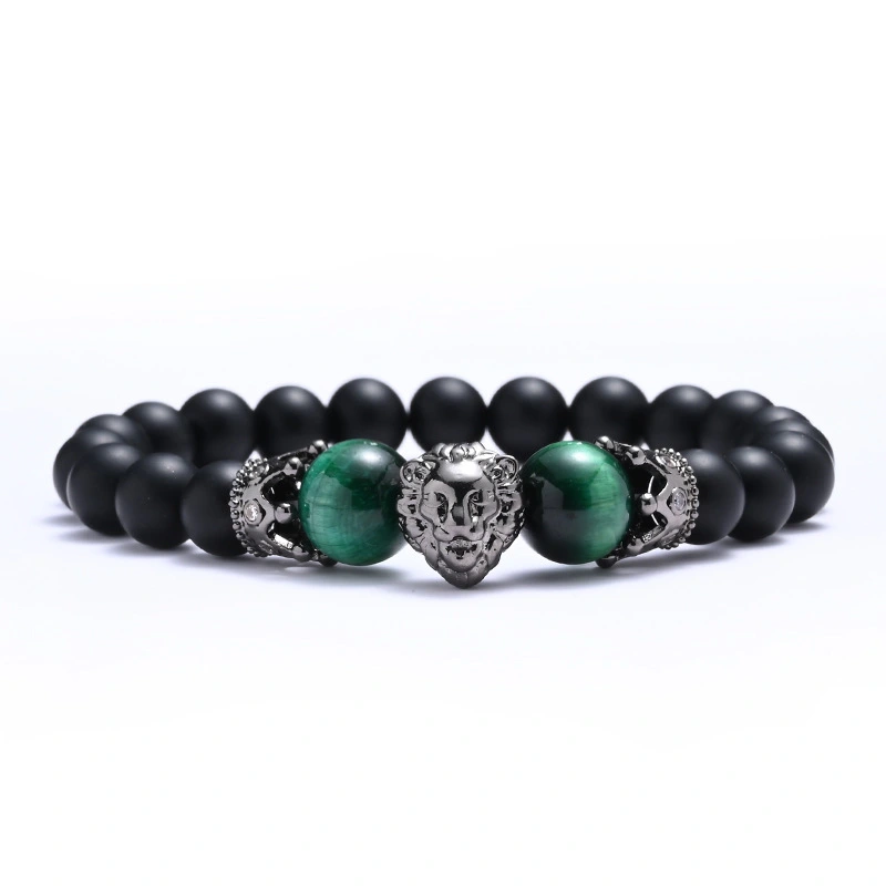 Copper Micro Inlaid Crown Lion Bracelet Natural Green Gold Tiger Eye Beaded Bracelet