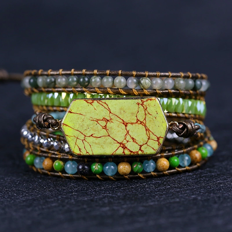 Diamond-shaped Imperial Turquoise Hand-woven Multilayer Leather Bracelet