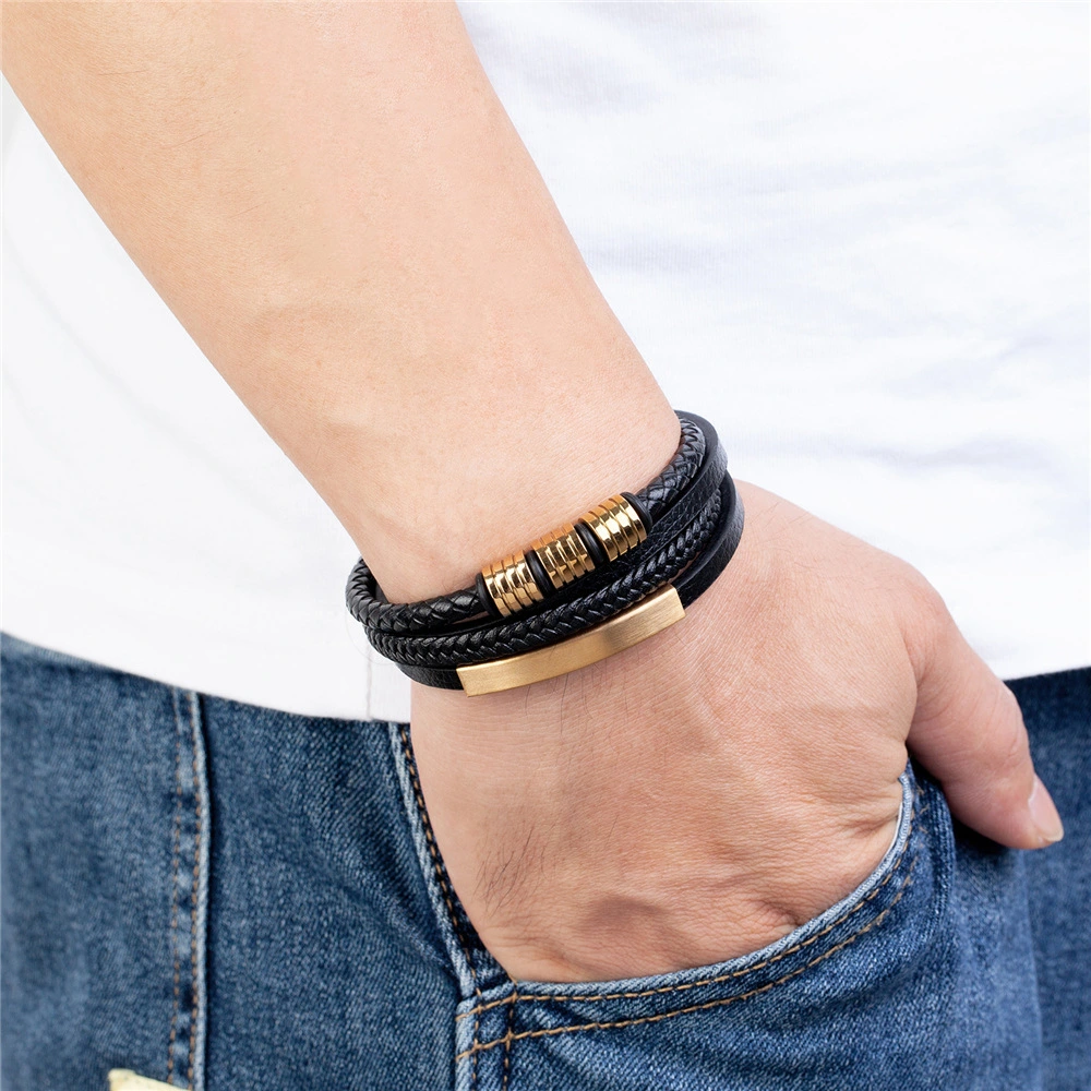 Popular Men's Titanium Steel Leather Woven Bracelet