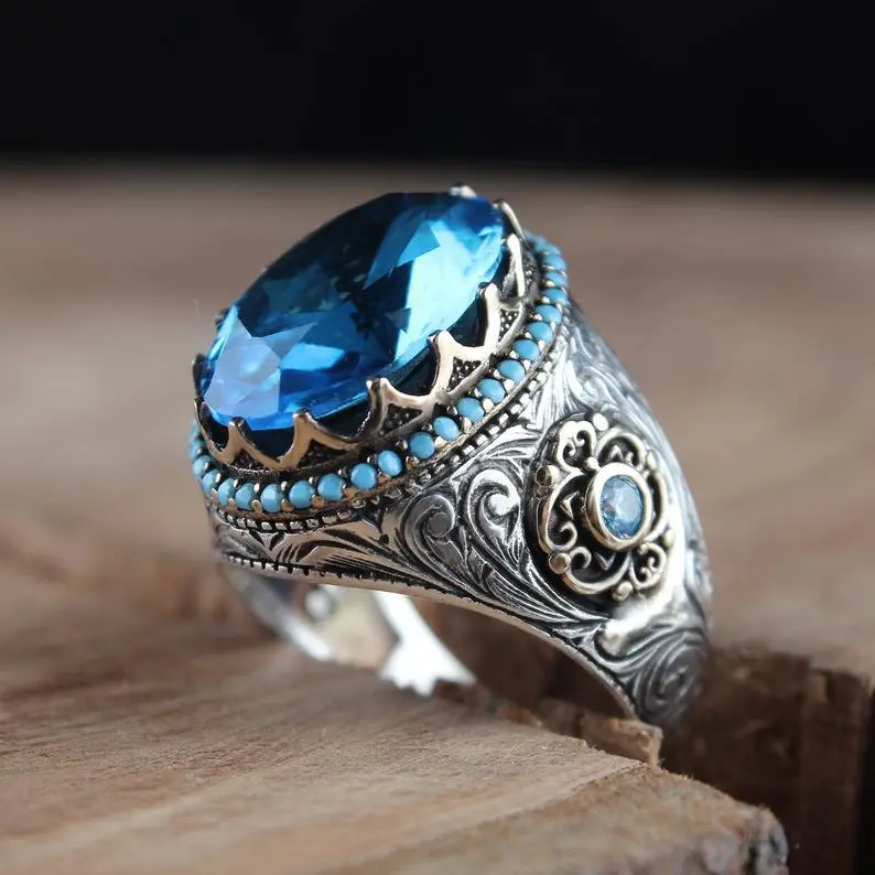 European And American New Style Inlaid Sea Blue Zircon Ring