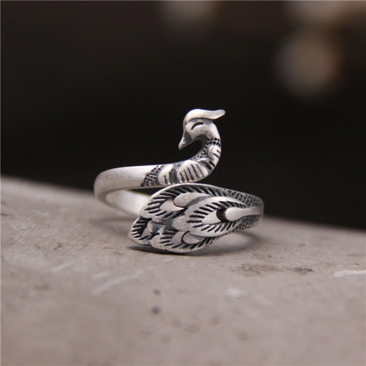 Sterling Silver Distressed Vintage Pure Silver Peacock Phoenix Ring