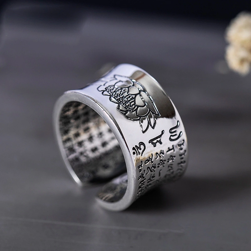 Six-character Mantra Heart Sutra Lotus  Wide Ring For Men And Women