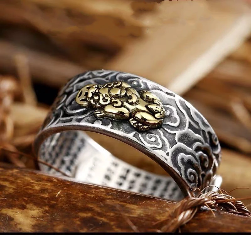 Pure Silver Lucky Pixiu Ring Sterling Silver Men's Heart Sutra Bodyguard
